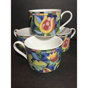 Set 4 Fantasia Cups Mosaic Stoneware PTS Int’l Interiors Teacup Blue Pink Floral